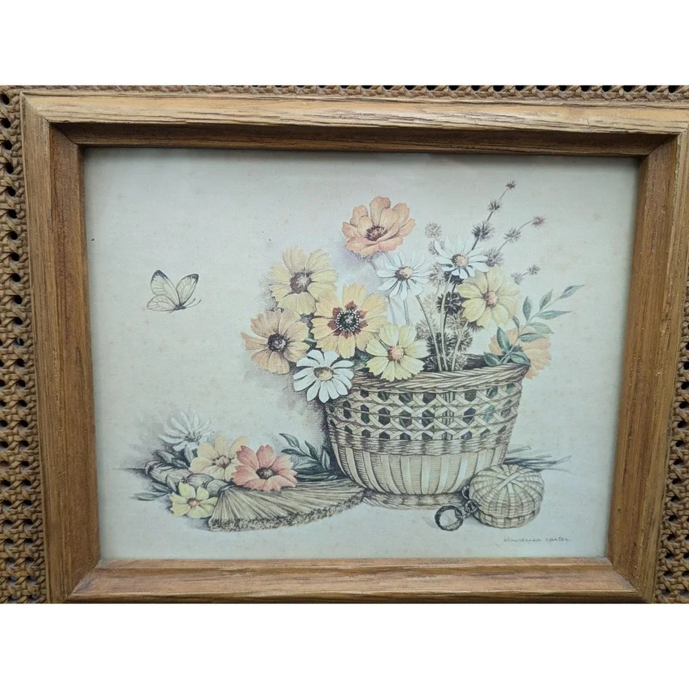 VTG Homco Brown Faux Wicker Latice Framed Art Claudessa Carter Summer Flowers
